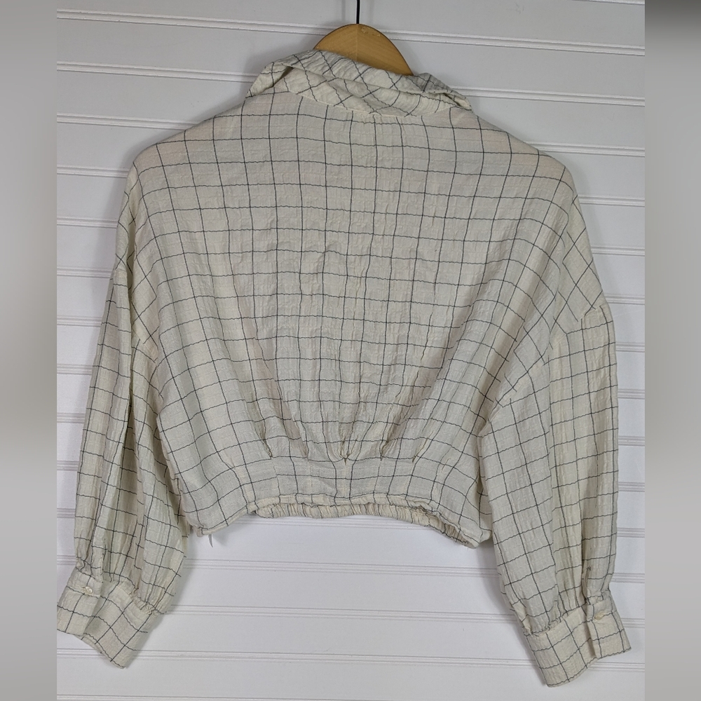 Zara S Cropped Ivory Windowpane Faux Wrap Collared  long Sleeve Blouse - Picture 3 of 7